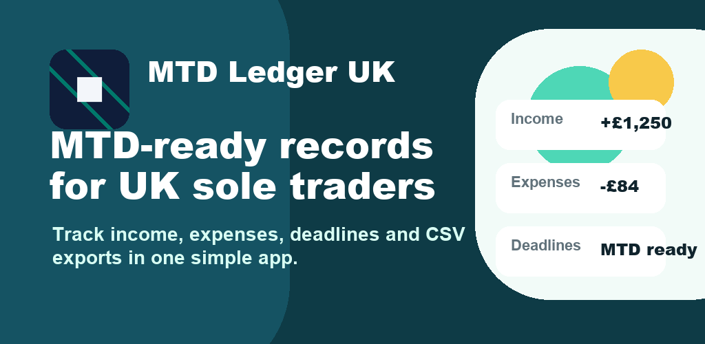 MTD Ledger UK feature graphic showing record keeping, CSV export and MTD dates