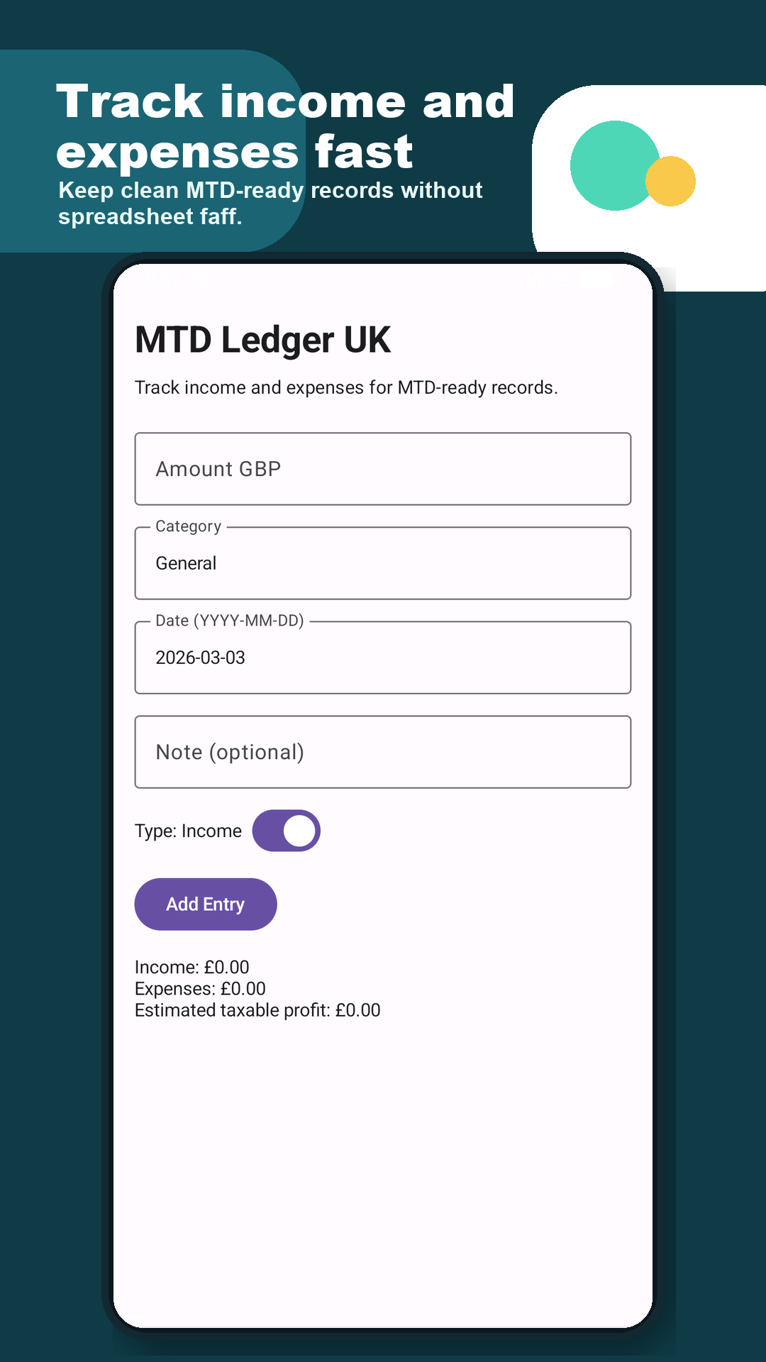 Ledger screen for tracking income and expenses