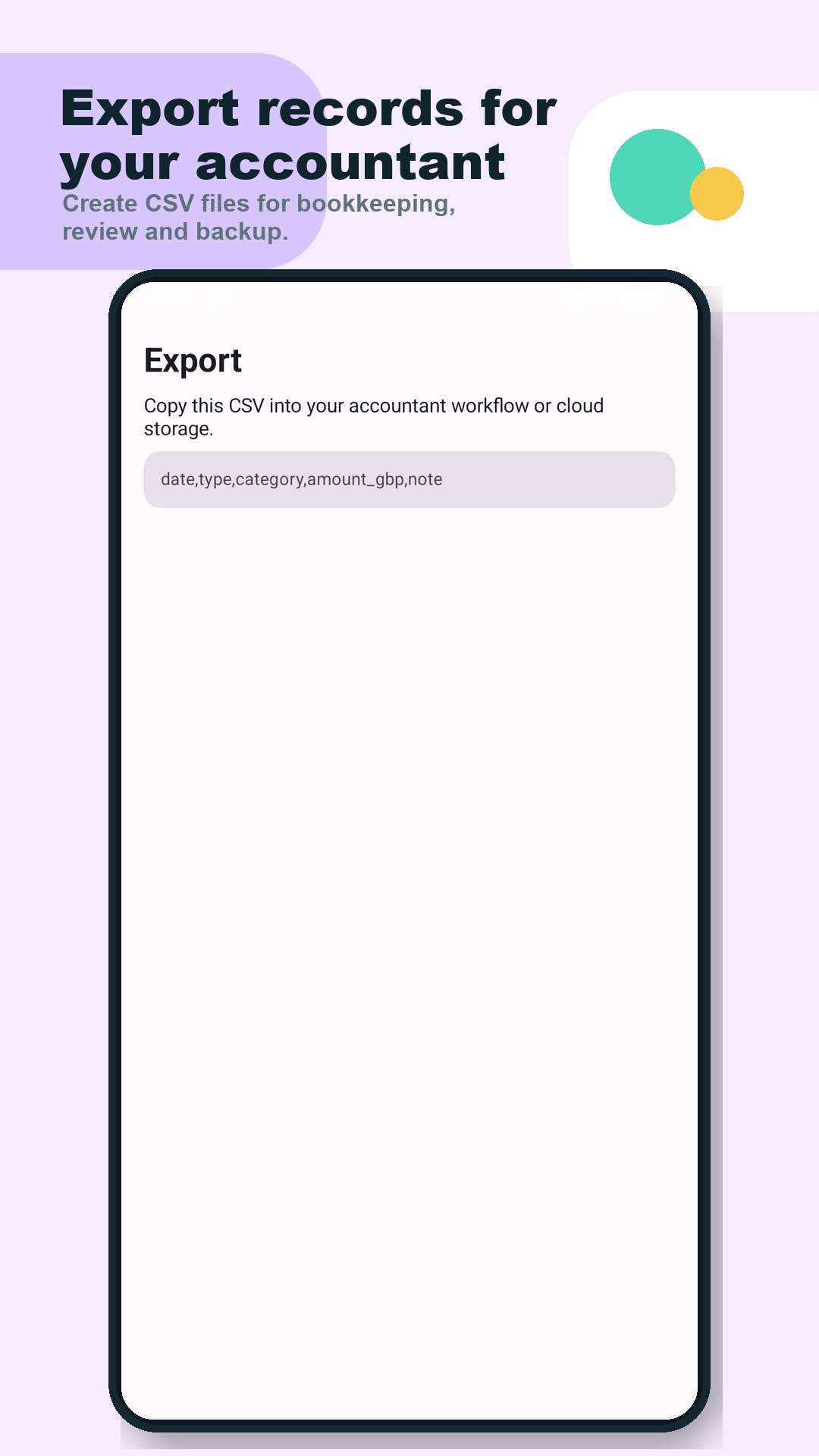CSV export screen for accountant records