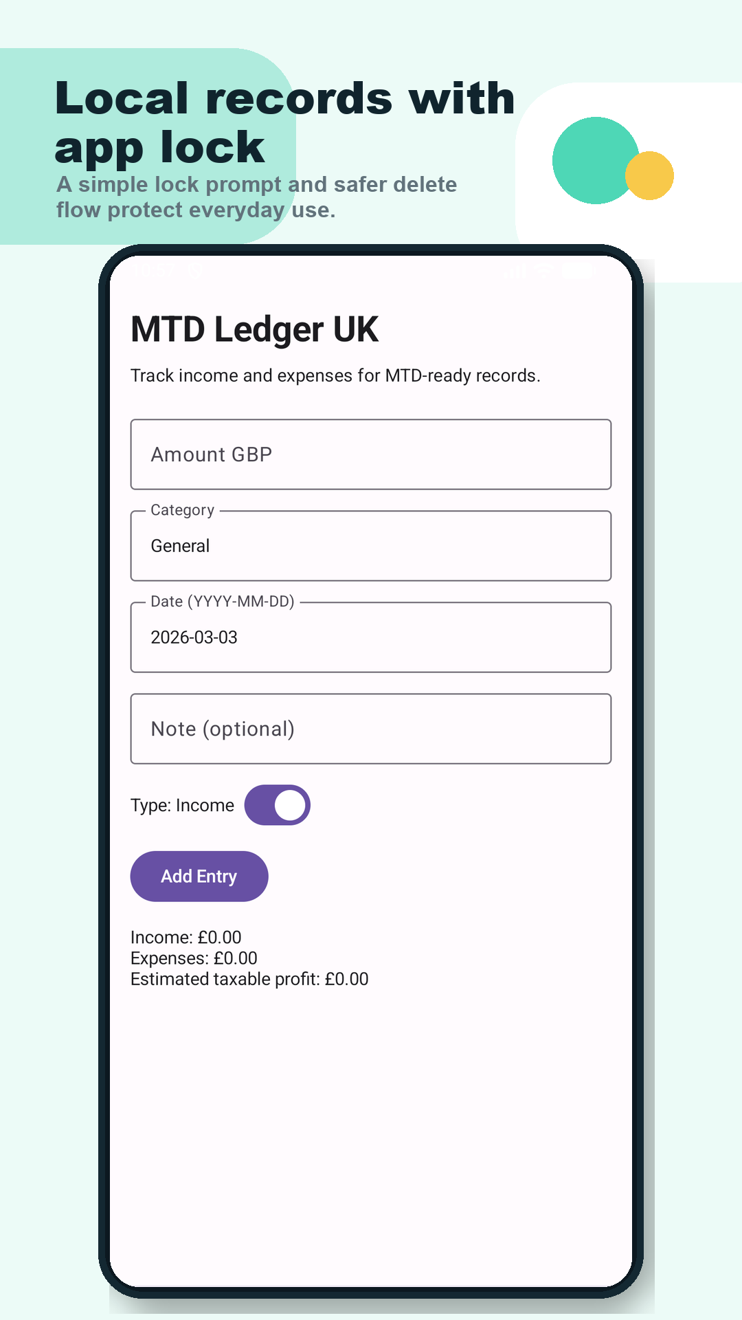 Ledger screen showing local app lock and safer records